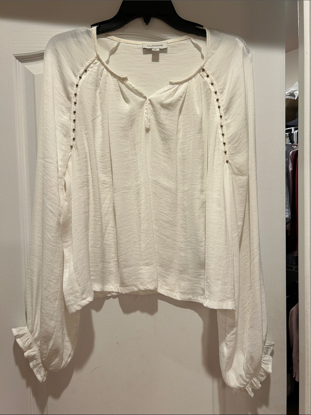 Club Monaco Cream Tie-Neck Peasant Blouse